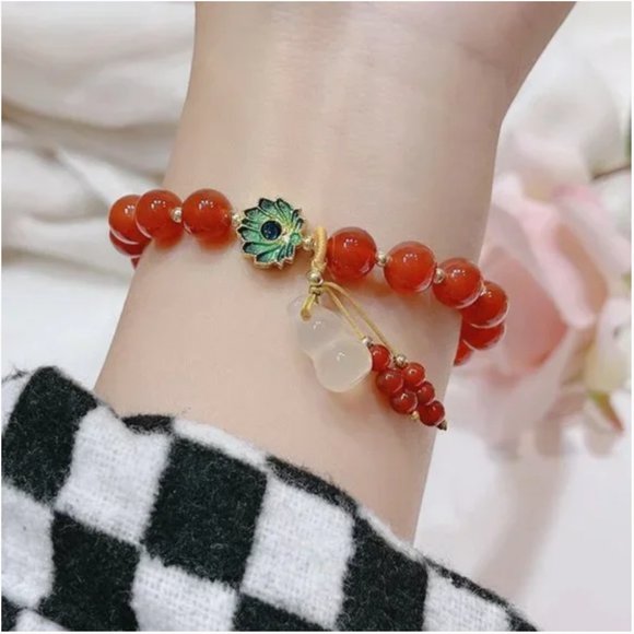 New Gold Plated Glorious Lotus Red Agate Charm Bracelet - Picture 10 of 12